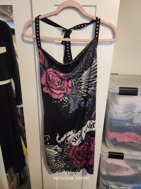 Black Dress with Pink Rose Graphic and Studded Straps